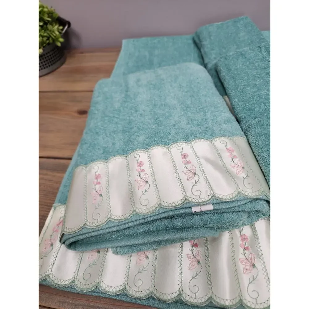 Vintage Towels Green With Cottage Lace Edge Farmhouse Country Set Of 6